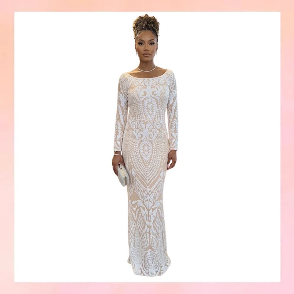 Yissang Nude White Sequin Lace Long Sleeve Formal Gown - XL